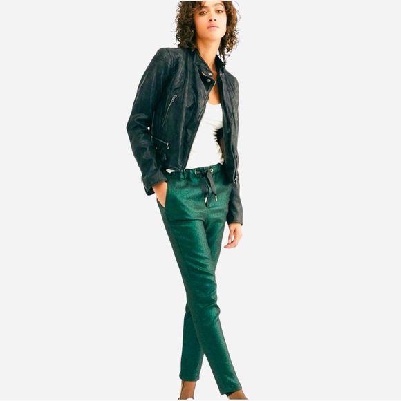 Free People Pants - NWOT Reiko France Faustine Green Glitter Drawstring Pants